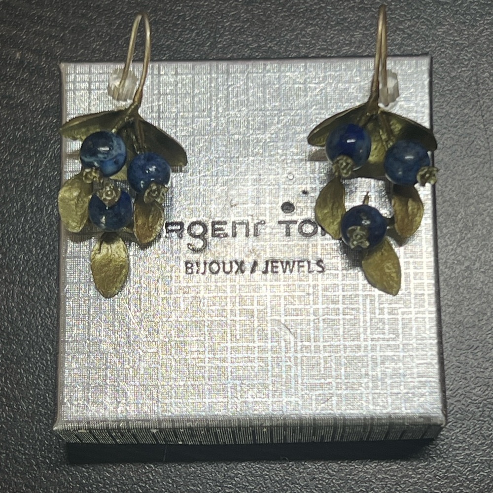 Gold-Tone Grape Leaf Earrings with Blue Beads - Women Jewelry